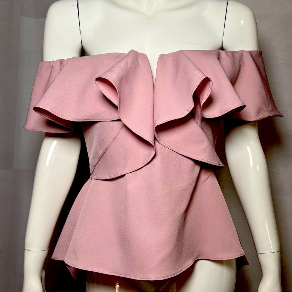 nWOt Hello Miss Women's Large Off Shoulder High Low Pink Ruffle Blouse